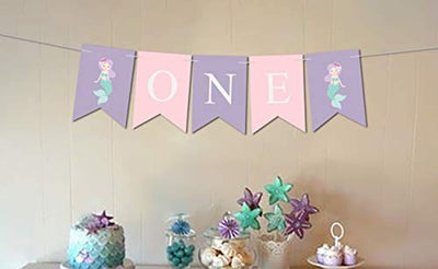 I AM ONE Banner Mermaid Party Supplies Birthday Decorations-Ocean Mermaid theme Girl's first -Birthday Party and Baby Shower Party Decorations-kids Purple pink under the sea party favors decorating kit - BOSTON CREATIVE COMPANY