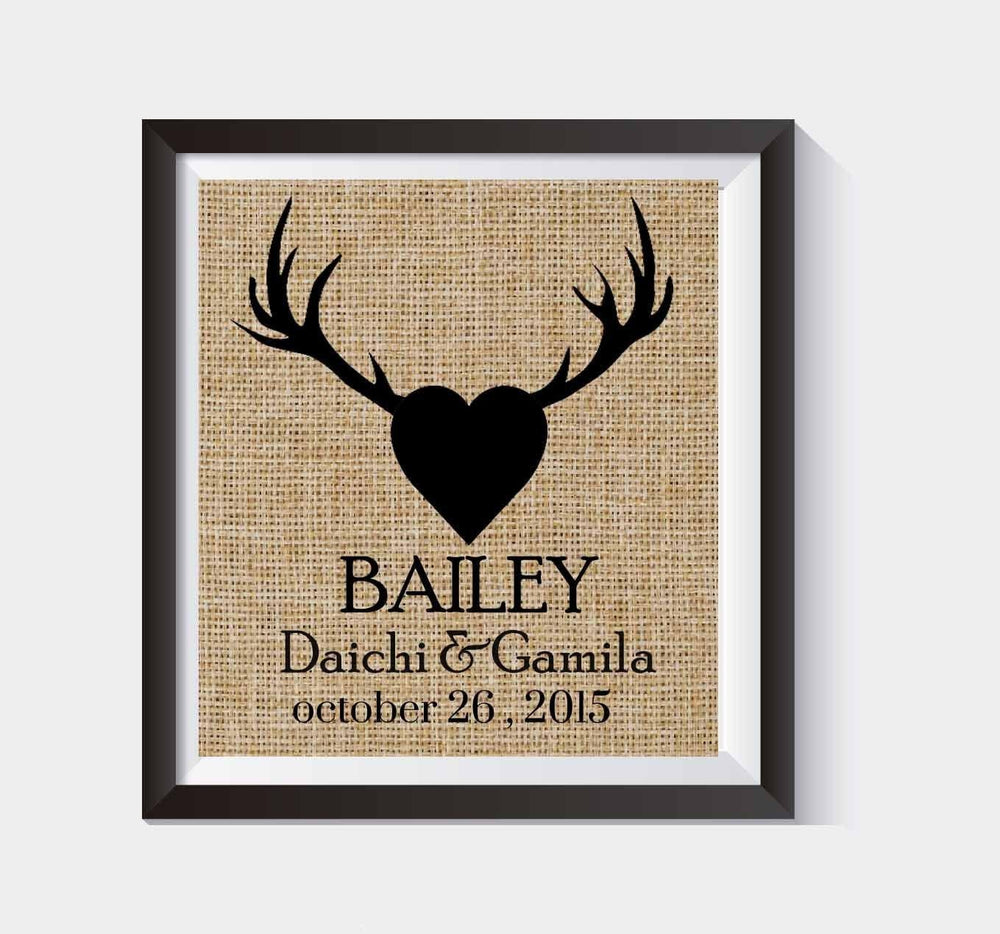 Rustic Heart Burlap Print - Valentines Day Gift - Personalized Deer Antlers - Family Name Sign with First Names & Est. Date Burlap Wall Decor - Burlap Print - Wedding Gift #B_PRINT_02 - BOSTON CREATIVE COMPANY
