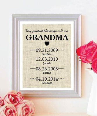Perfect Gift for Grandmother-Mothers Day Natural Burlap Print-Grandchildren Birth Dates Wall Art - BOSTON CREATIVE COMPANY