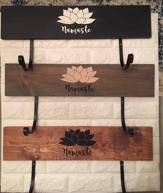 Yoga Gift -Yoga mat holder, wall mounted, yoga gift, yoga decor, Namaste,  workout organizer, wood sign, neutral colors, lotus flower, yoga mat storage