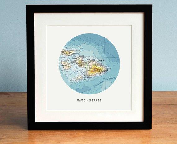 Map of Maui, Hawaii map, Circle Map, Map of Hawaii Framed, Hawaii Gift, Personalized Map Art, Custom Map Art - BOSTON CREATIVE COMPANY