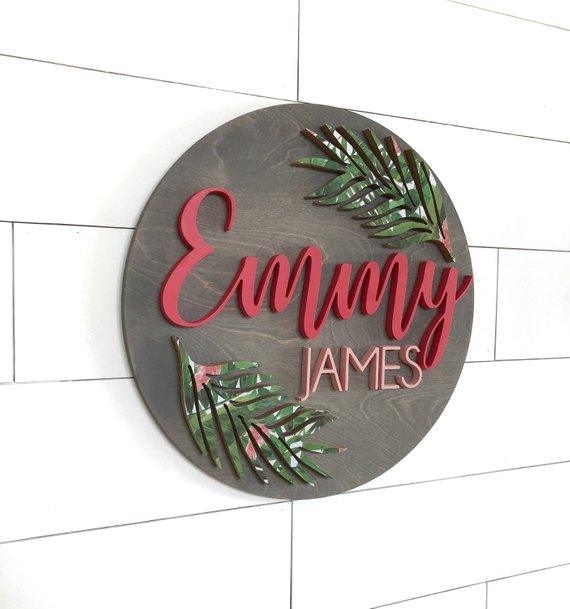 Leaf Custom Name Sign | 24" Round Sign | Baby Name Sign - BOSTON CREATIVE COMPANY
