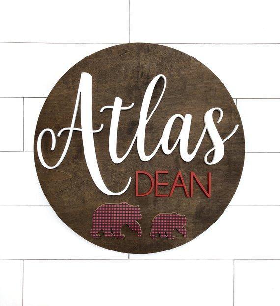 Bear Custom Name Sign | 24" Round Sign | Baby Name Sign - BOSTON CREATIVE COMPANY