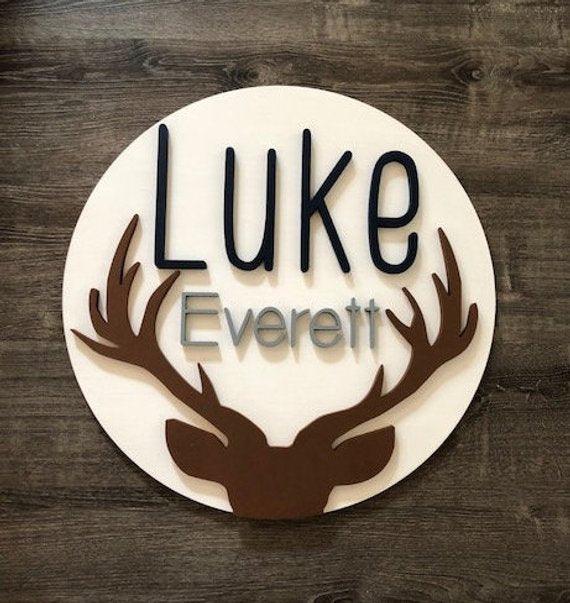 Custom Name Sign | Round | 24" Antler | Baby Name | Boy Nursery Sign - BOSTON CREATIVE COMPANY