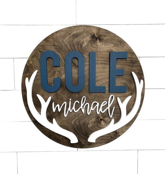 Custom Name Sign | Round | 24" Antler | Boy Nursery Sign - BOSTON CREATIVE COMPANY