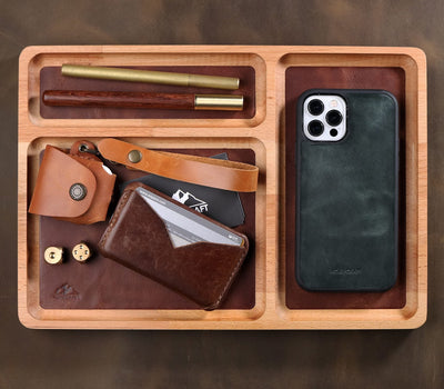 Office Desk Organizer / Modular Wooden Organizer with Leather