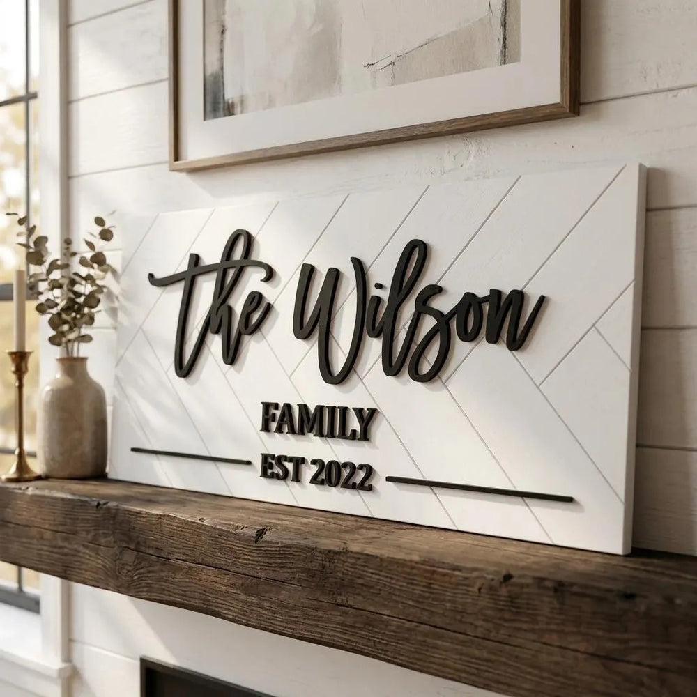 Personalized Wooden Family Name Sign, Custom Established Date Plaque, Modern Wall Decor