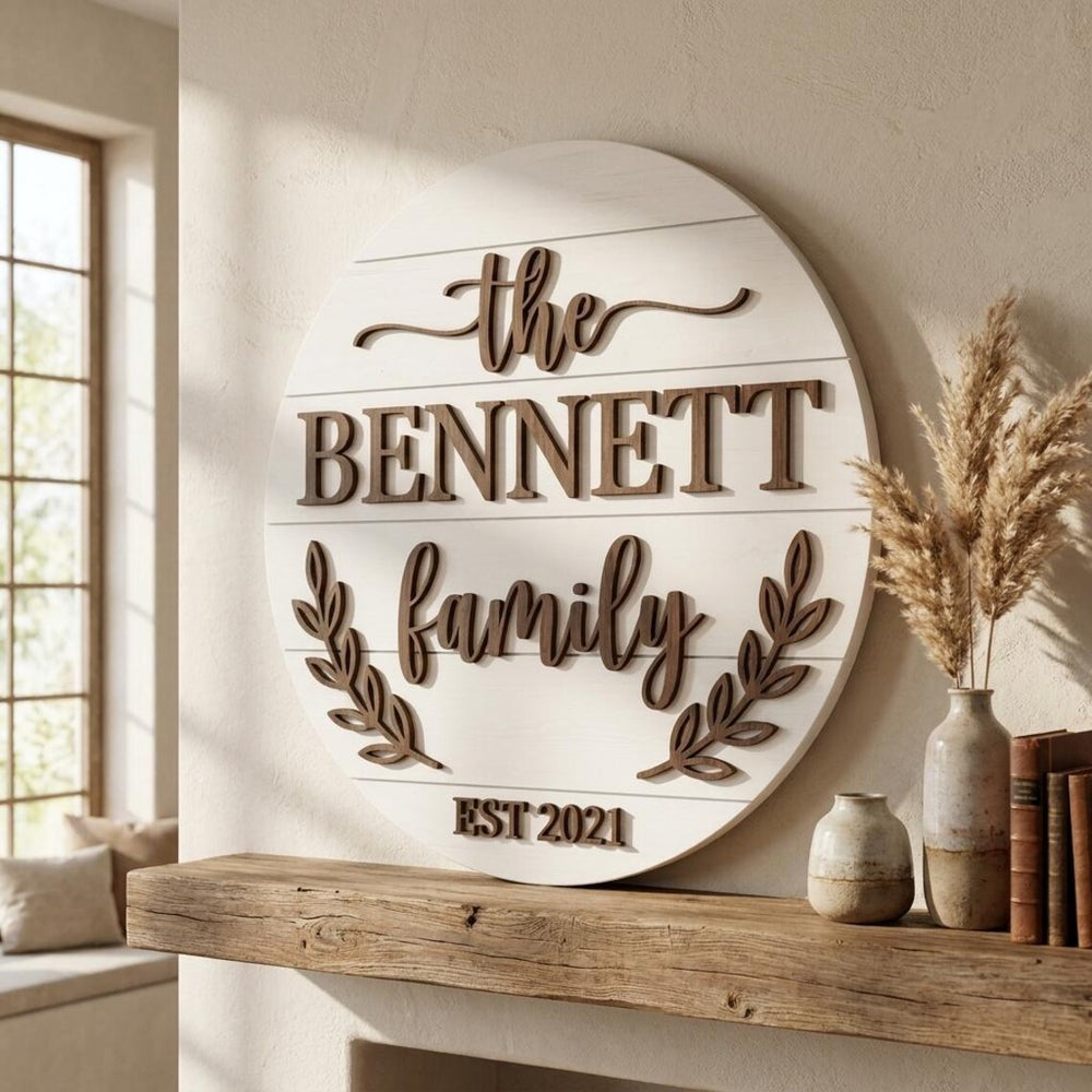 Personalized Family Name Round Wooden Sign, Farmhouse Established Date Plaque