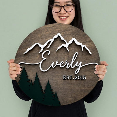 Personalized Mountain Family Sign, Rubber Wood Acrylic Round Plaque, Rustic Woodland Decor