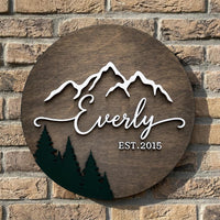 Personalized Mountain Family Sign, Rubber Wood Acrylic Round Plaque, Rustic Woodland Decor