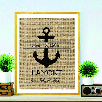 Personalized Anchor Monogram Burlap Print Nautical Wedding Gift - BOSTON CREATIVE COMPANY