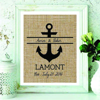 Personalized Anchor Monogram Burlap Print Nautical Wedding Gift - BOSTON CREATIVE COMPANY