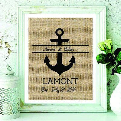 Personalized Anchor Monogram Burlap Print Nautical Wedding Gift - BOSTON CREATIVE COMPANY