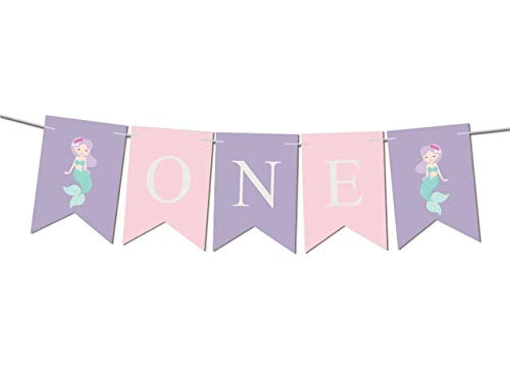 I AM ONE Banner Mermaid Party Supplies Birthday Decorations-Ocean Mermaid theme Girls first -Birthday Party and Baby Shower Party Decorations-kids Purple pink under the sea party favors decorating kit - BOSTON CREATIVE COMPANY