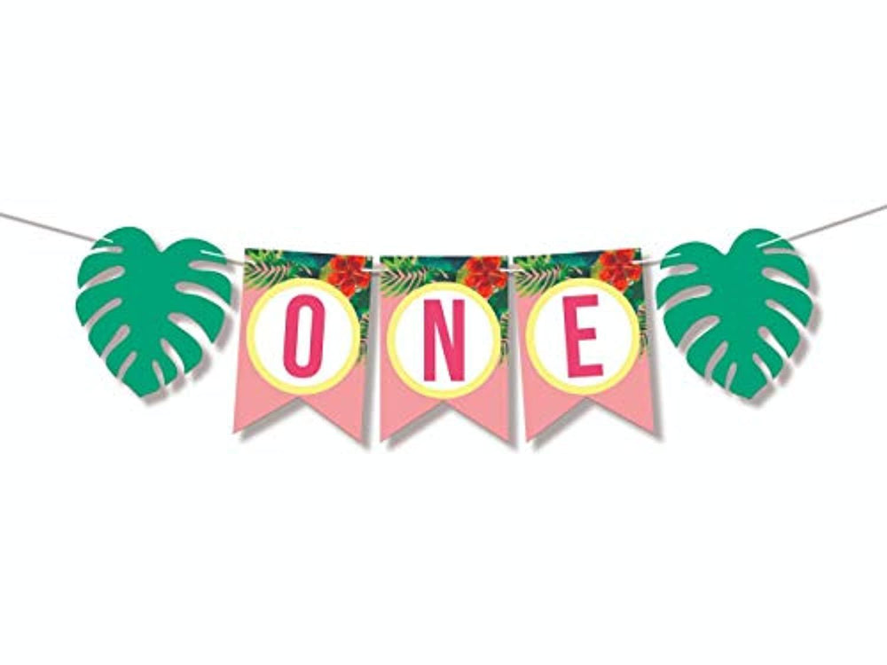 One Banner High Chair Vintage Happy Birthday Or Baby Shower Decoration For Girl-Floral First Birthday Green Tropical Palm Leaf Banner Girls- Pink Smash Cake Decor For Tea Or Garden Party hanging One year banner - BOSTON CREATIVE COMPANY