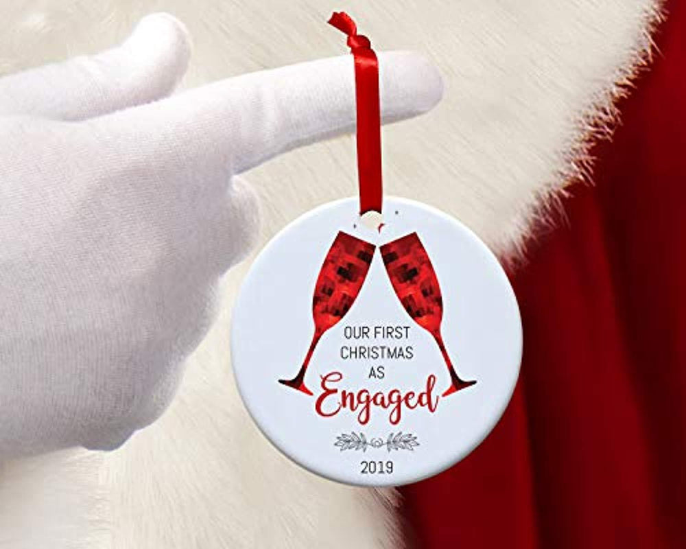 Our First Christmas as Engaged Ornament 2019-Round Champagne 1st Engagement Christmas Tree Decorations Gift for Groom and Bride to be-Just Married New Home Xmas Hanging Decor - BOSTON CREATIVE COMPANY