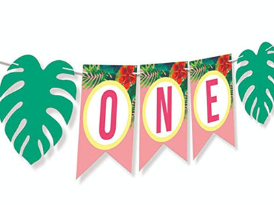 One Banner High Chair Vintage Happy Birthday Or Baby Shower Decoration For Girl-Floral First Birthday Green Tropical Palm Leaf Banner Girls- Pink Smash Cake Decor For Tea Or Garden Party hanging One year banner - BOSTON CREATIVE COMPANY