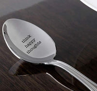 Think Happy Thoughts Engraved Stainless Steel Spoon Token Of Love Inspirational Motivational Good Vibes Gifts For Best Friends Valentines Couples On Birthday Anniversary Special Occasion - BOSTON CREATIVE COMPANY