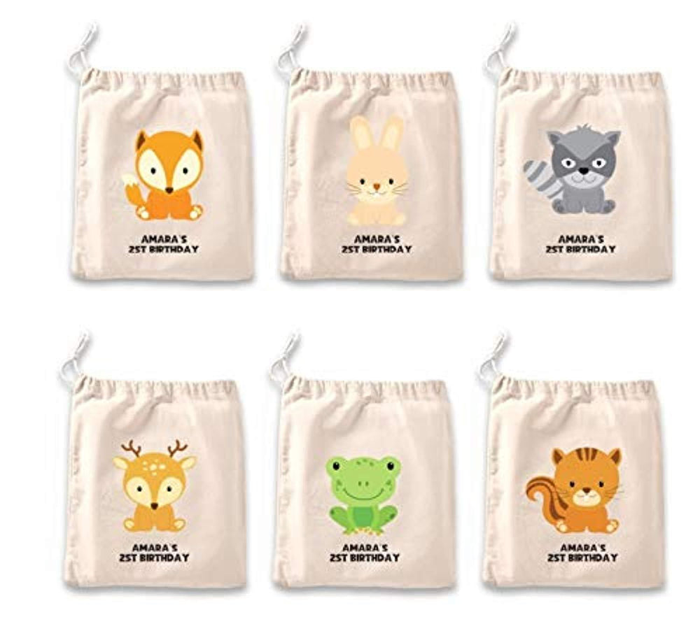IFB-Woodland Favor Bags Forest animal Kids Birthday Personalized Bag, Custom Goodie Bag Set of 6, Party favours for kids. - BOSTON CREATIVE COMPANY