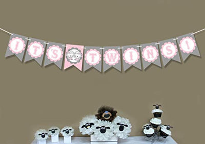 Its Twins Banner Welcome Sign Baby Shower Decorations For Girl-1st Birthday Party Favors -Highchair Banners And Signs- Twice Blessed Banner-Gender Reveal Party For Baby Or Girl-pink And Grey Decor - BOSTON CREATIVE COMPANY