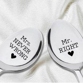 Mr Right Mrs Never Wrong-Engraved Spoon-Wedding Gift -Anniversary Gift-Cutlery Pair Of Spoons -Wedding Keepsake-Memento-Bride To Be - BOSTON CREATIVE COMPANY