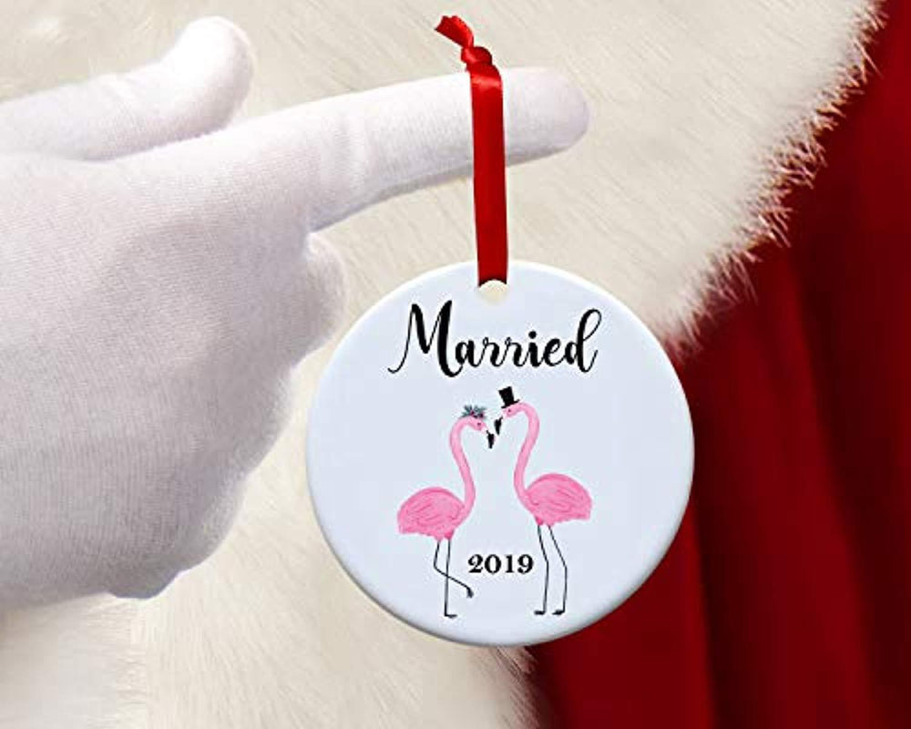 Flamingo Ornaments for Christmas Tree-Newlywed First Christmas Ornament Wedding Decoration-Round Personalized Christmas Mr and Mrs 2019- Holiday Hanging Xmas Tree Decor - BOSTON CREATIVE COMPANY