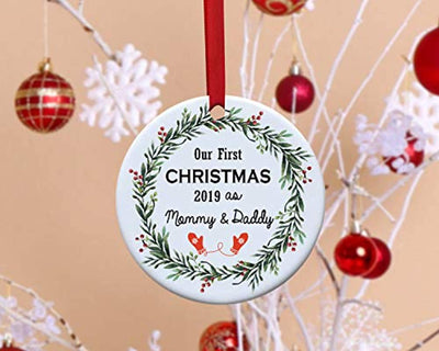 Babies first Christmas ornament 2019-My First Christmas as Mommy and daddy -Round new parent gift ideas for friends -New family Christmas tree decoration -Personalized holiday Xmas decor ideas - BOSTON CREATIVE COMPANY