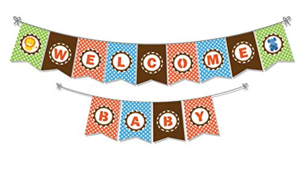 Welcome Baby Banner Jungle Safari Themed Backdrop Boy Girl Kids Wild One Happy 1st First Birthday Party Banner Newborn Baby Shower Neutral Party Supplies Animal decorating kit -Gender reveal party decoration kit - BOSTON CREATIVE COMPANY