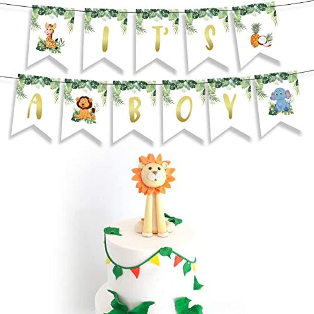 Vinyl Safari Party Supplies 1st Birthday Boy banner-Jungle Animal Creatures Theme Decorations-Tropical Party Theme Its A Boy Gender Reveal Baby Shower Banner-where The Wild Things Are Party Supplies - BOSTON CREATIVE COMPANY