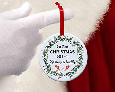 Babies first Christmas ornament 2019-My First Christmas as Mommy and daddy -Round new parent gift ideas for friends -New family Christmas tree decoration -Personalized holiday Xmas decor ideas - BOSTON CREATIVE COMPANY