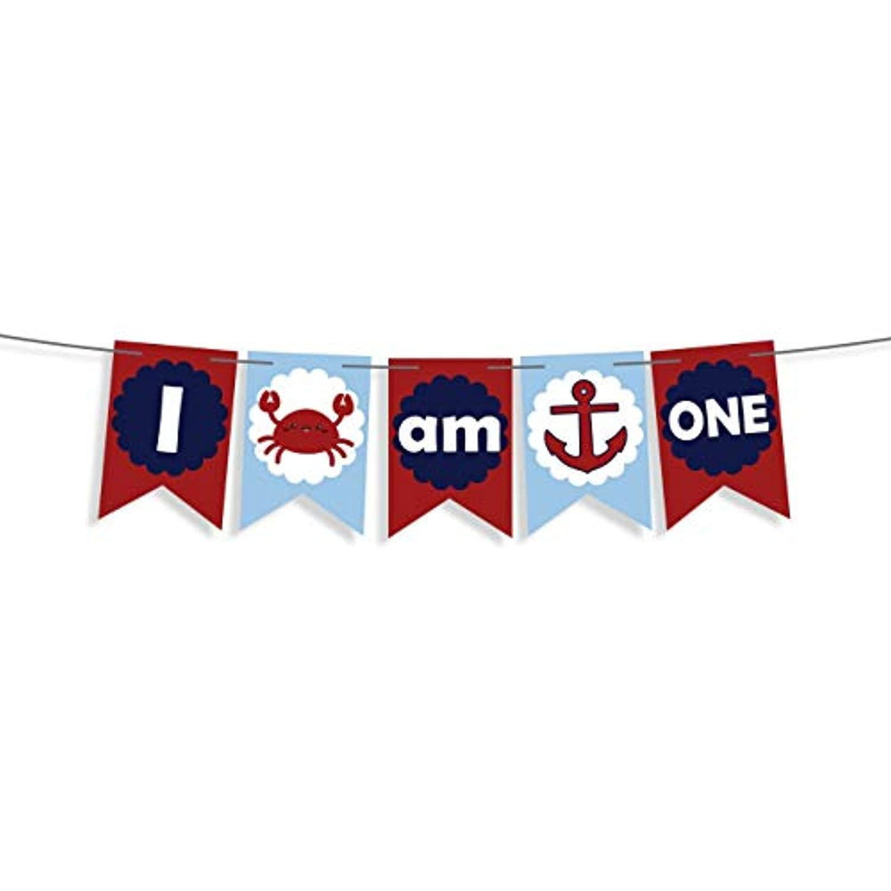 I Am One Banner Nautical Anchor Or Crab Banner For Baby First Birthday Decorations Boy Favors-nautical High Chair Banner -Cake Smash Banner Crab Sign Ocean Party Decor -Pirate Party Supplies 1st Bady - BOSTON CREATIVE COMPANY