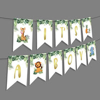 Vinyl Safari Party Supplies 1st Birthday Boy banner-Jungle Animal Creatures Theme Decorations-Tropical Party Theme Its A Boy Gender Reveal Baby Shower Banner-where The Wild Things Are Party Supplies - BOSTON CREATIVE COMPANY