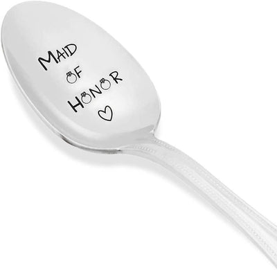 Maid Of Honor With Little Ring and Heart - Silverware Spoon - Wedding-Personalized Spoon-Gift-Flatware-Trendy-Bridesmaid-Gift Cute Spoon - Engraved Spoon - Spoon Gift - BOSTON CREATIVE COMPANY