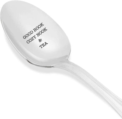 Good Book Cozy Nook and Tea-Engraved Stainless Steel Spoon Gifts for Her Best present For Coffee Lovers- Unique Best Selling Gifts - BOSTON CREATIVE COMPANY