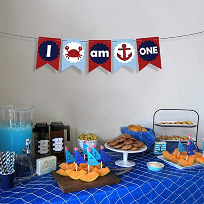 I Am One Banner Nautical Anchor Or Crab Banner For Baby First Birthday Decorations Boy Favors-nautical High Chair Banner -Cake Smash Banner Crab Sign Ocean Party Decor -Pirate Party Supplies 1st Bady - BOSTON CREATIVE COMPANY