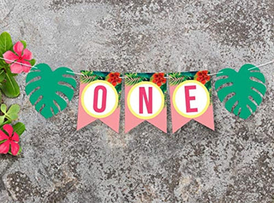 One Banner High Chair Vintage Happy Birthday Or Baby Shower Decoration For Girl-Floral First Birthday Green Tropical Palm Leaf Banner Girls- Pink Smash Cake Decor For Tea Or Garden Party hanging One year banner - BOSTON CREATIVE COMPANY