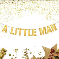 A Little Man Boy Baby Shower Theme Birthday Party Decoration Supplies -Gender Reveal and Pregnancy Announcement Prop Gold Foil Banner For Your Prince-Pre Strung and Adjustable Pennants - BOSTON CREATIVE COMPANY