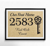 Our First Home Burlap Print - Personalized Address Sign - New House Gift - Wonderful Rustic Gifts Burlap for House Warming - Natural Burlap Gift For The New Home Housewarming Gift - New Homeowner #02 - BOSTON CREATIVE COMPANY
