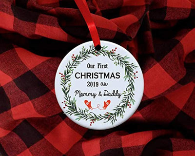 Babies first Christmas ornament 2019-My First Christmas as Mommy and daddy -Round new parent gift ideas for friends -New family Christmas tree decoration -Personalized holiday Xmas decor ideas - BOSTON CREATIVE COMPANY