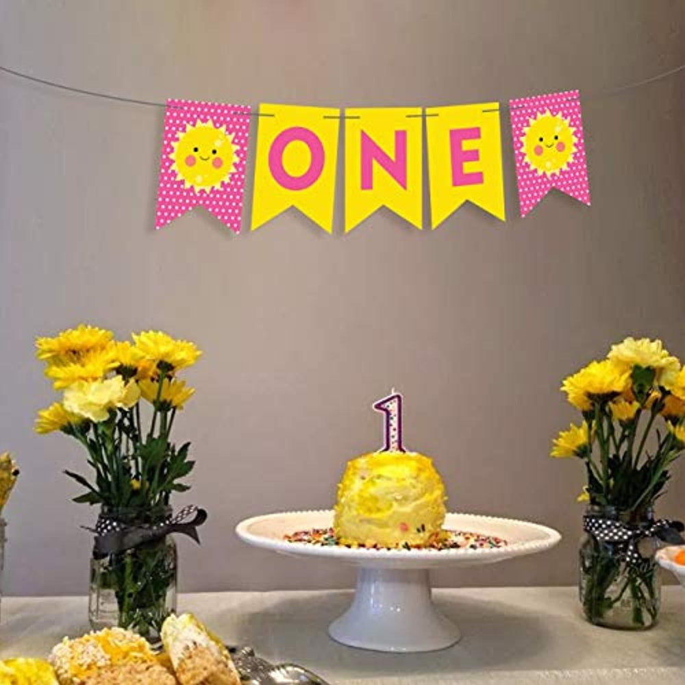 Sunflower Birthday Banner -One Banner Boy Girl 1st Birthday Party High Chair Decoration -Harvest Theme Summer Party Decorations -Pink Sunflower One Floral Backdrop First Bady Party supplies - BOSTON CREATIVE COMPANY