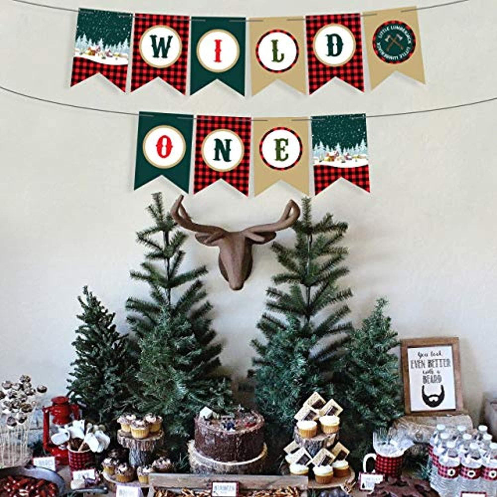 Wild One Birthday Decorations Jungle Theme Party Supplies Banner Sign -High Chair Lumberjack Party Supplies 1st Birthday Boy Or Girl-First Happy Birthday Buffalo Check Camping Decor Winter Banner - BOSTON CREATIVE COMPANY