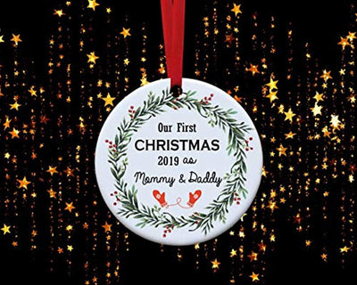 Babies first Christmas ornament 2019-My First Christmas as Mommy and daddy -Round new parent gift ideas for friends -New family Christmas tree decoration -Personalized holiday Xmas decor ideas - BOSTON CREATIVE COMPANY