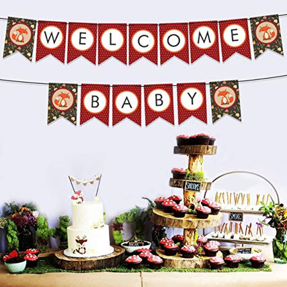 Party Tarty-Woodland creature banner Welcome Baby Fox Animal Themed Baby Shower First Birthday Banner-Forest themed Baby Shower Neutral Party Supplies Decorations Woodland Gender Reveal Banner - BOSTON CREATIVE COMPANY