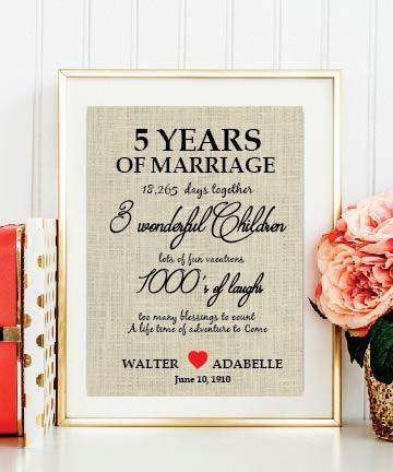 Unique Gift/Burlap Print / Personalized 5th Anniversary Gift/ Burlap Wall Decor/ Wedding Date - BOSTON CREATIVE COMPANY