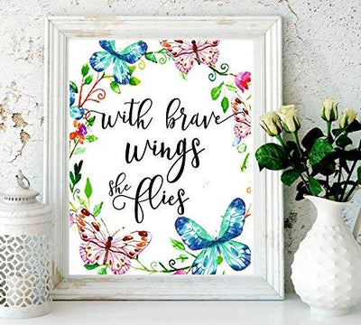 nursery decor - With Brave Wings She Flies - butterfly wall quotes - Tropical Print - Quote Print - Watercolor Nursery Art - Holiday Supplies - Colorful Wall Art-Kids Room Decor-Butterfly Print - BOSTON CREATIVE COMPANY