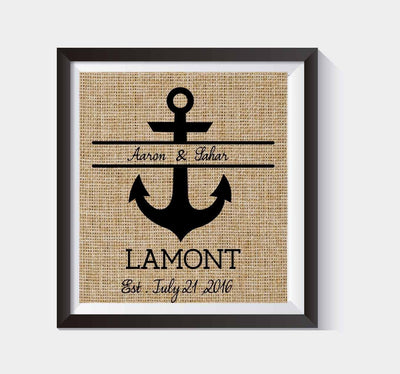 Personalized Anchor Monogram Burlap Print Nautical Wedding Gift Burlap Print Valentines Day Gift Housewarming Gift Anniversary Gift Bridal Shower Gift #015 - BOSTON CREATIVE COMPANY