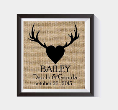 Rustic Heart Burlap Print - Valentines Day Gift - Personalized Deer Antlers - Family Name Sign with First Names & Est. Date Burlap Wall Decor - Burlap Print - Wedding Gift #B_PRINT_02 - BOSTON CREATIVE COMPANY