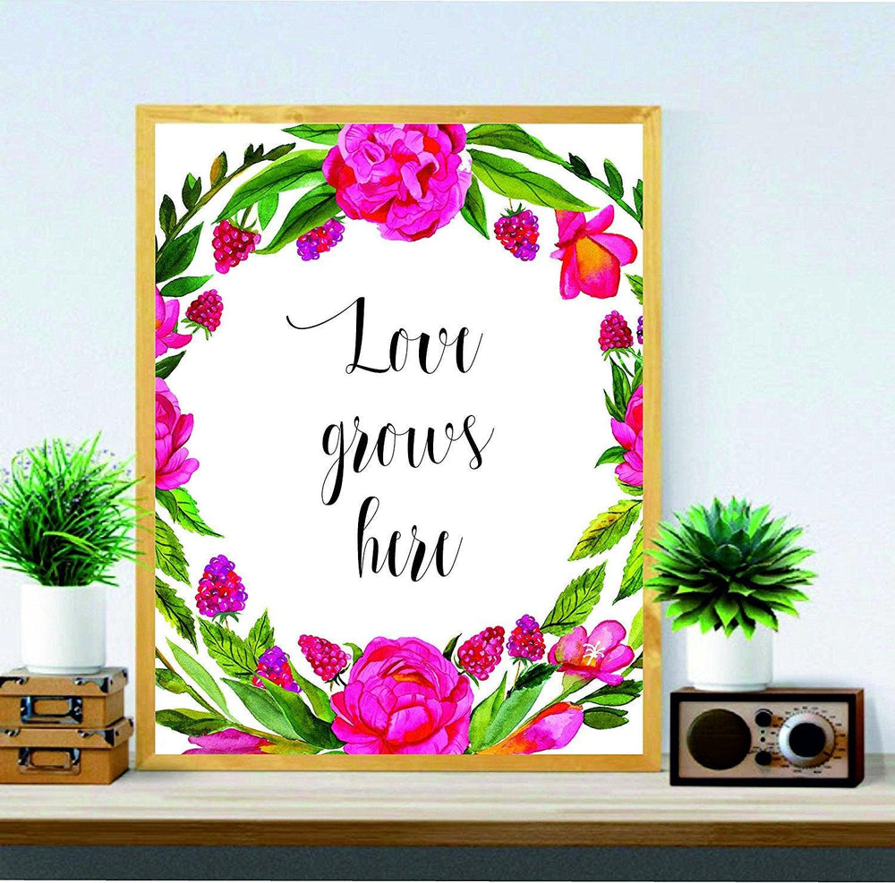 Love Grows Here Wall art decor-beautiful lovely quote - Bedroom wall decor idea-wedding gift- Home decor wall art-love sign-unique gifts- wall art Floral Print- Happy lovely Quotes - Valentines - BOSTON CREATIVE COMPANY