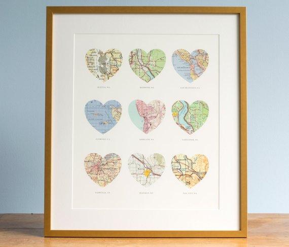 9 Heart Map Print, Wedding Gift Art, Custom Heart Map, Anniversary Gift, 9 maps, Wedding Map Art, Engagement Gift Art - BOSTON CREATIVE COMPANY