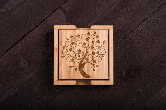 Tree engraved Wood Coasters Set of 6 - BOSTON CREATIVE COMPANY
